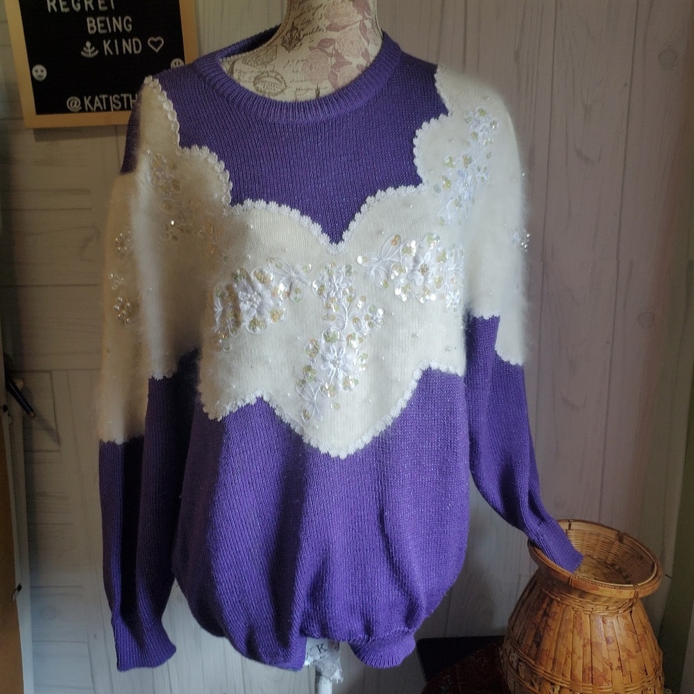 VINTAGE ANGORA KNIT PURPLE EMBELLISHED SWEATER LG